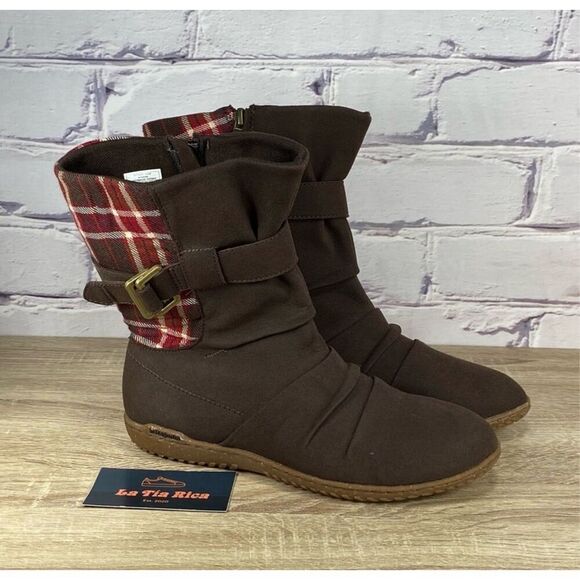 Patagonia Kula Espresso Buckle Plaid Boots Size 7.5 - Picture 1 of 9